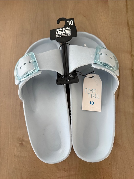 Time and Tru Shoes - Time and Tru Light Blue Slide Sandals with Translucent Buckles